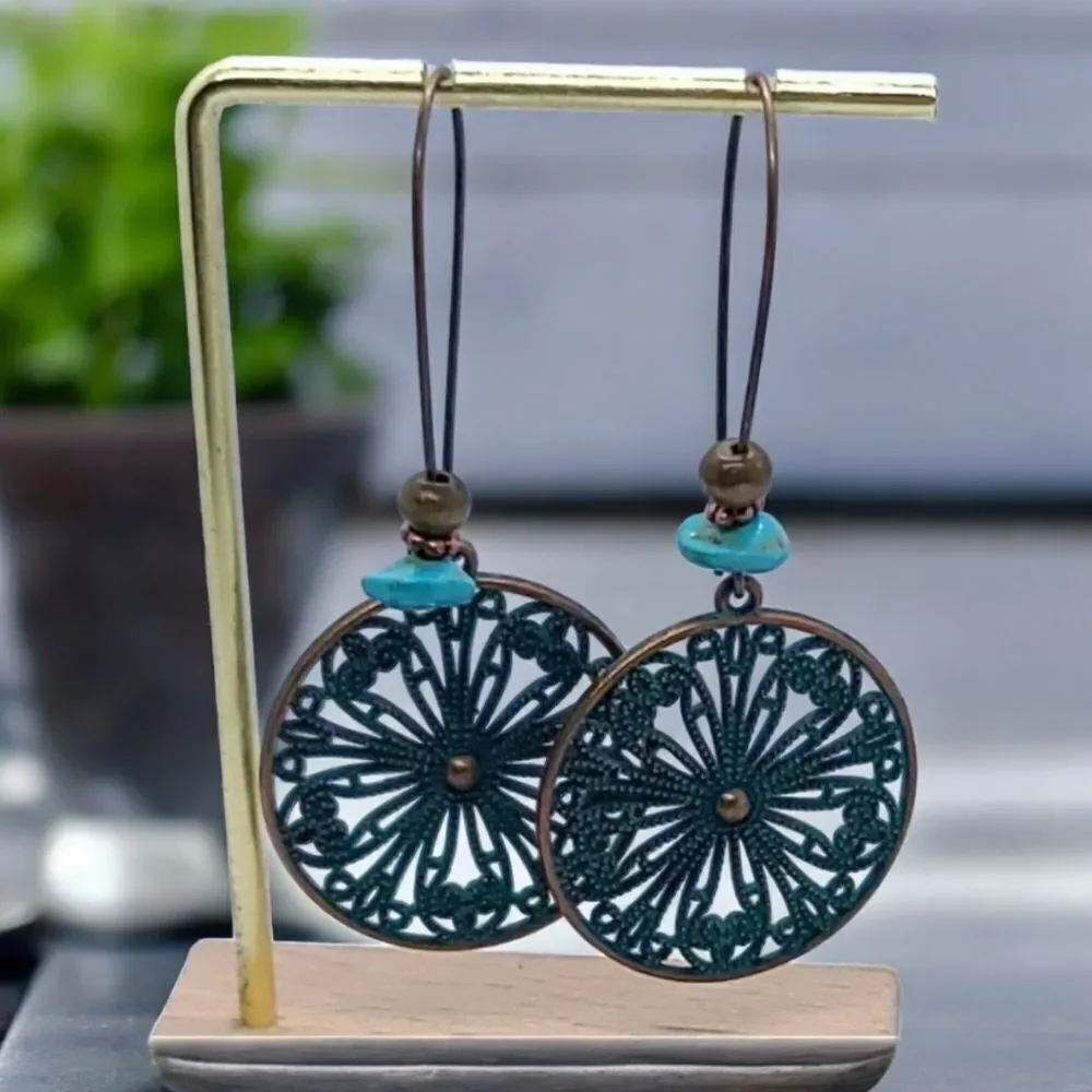 Copper Patina Filigree Earrings Boho Western Dangle Jewelry Earthy Desert Muse